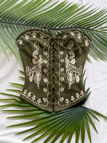 Soleia 女款度假休閒花卉刺繡交叉綁帶抹胸上衣 - 軍綠色 - 查看 6
