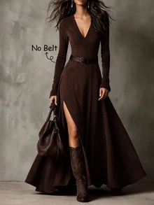 SHEIN Suede Velvet Fashion New Elegant Long Sleeve V-Neck Dress - Brown - View 1