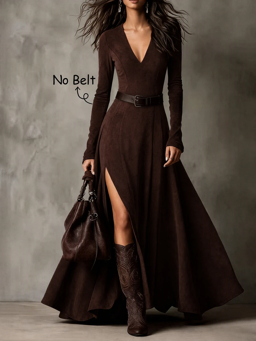 SHEIN Suede Velvet Fashion New Elegant Long Sleeve V-Neck Dress - Brown - View 1