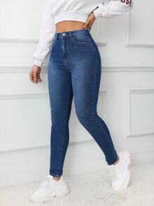 SHEIN ICON 大尺碼女款高腰口袋修身休閒牛仔褲 - 中等水洗藍 - 查看 5