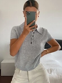 Livesso Women's Wool Blue Grey Turn-Collar Button Short Sleeve Slim Fit Ribbed Jacquard Knit Casual French Basic Top, Summer/ Office Brunch - Grey - View 5