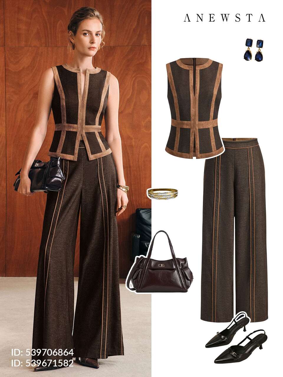 Women's Autumn/Winter Brown Colorblock Patchwork Modern Wide Leg Suit Pants