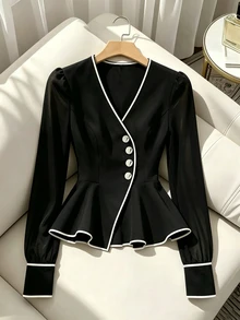 GlowEve Fall Clothes FOR WomenWomen's Elegant Commute Contrast Trim Waist-Cinching Blouse - Black - View 3