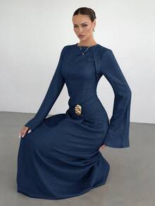 SHEIN Tall CURVE Gaun Pesta Kasual Wanita Ukuran Besar dengan Dekorasi Logam untuk Musim Gugur - Navy Blue - View 3