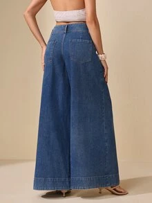 Selenza Women's Loose Wide Waistband 2-Button Straight Leg Wide Leg Vintage Denim Jeans - Dark Wash - View 2