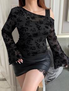 REIGN AVE Flocked All-Over Floral Asymmetric Neckline Elegant Base Layer Bell Sleeve Spring/Autumn New Black Long Sleeve T-Shirt - Black - View 4