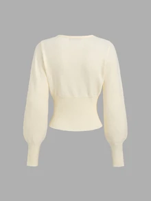 Autumina Women's Solid Color Lantern Sleeve Top And Mini Skirt Knit Set - Beige - View 5