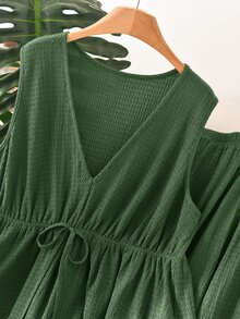 CosyJoli Plus Size Casual Vacation Striped Sleeveless A-Line Doll Shirt And Straight Leg Casual Pants 2 Pieces Set - Green - View 4