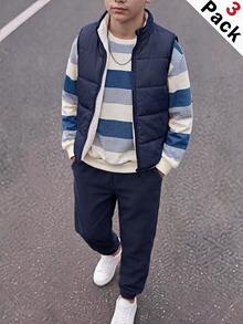 SHEIN 3件組兒童青少年男孩秋冬可愛休閒百搭保暖內裡加厚背心外套、卡其色條紋運動衫、運動慢跑長褲套裝，適合室內、戶外、日常穿著與玩耍 - 藍色 - 查看 1