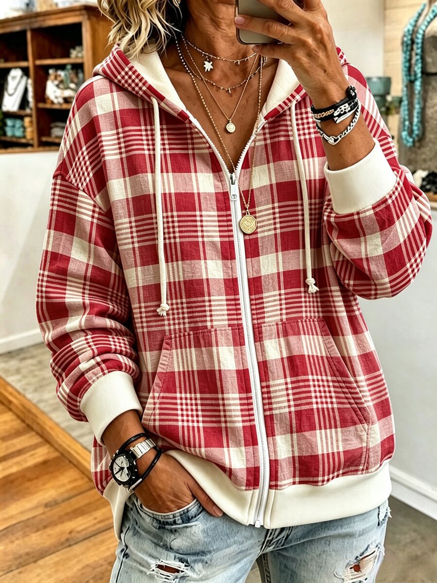 Bytebia Bytebia American Vintage Red & White Plaid Drawstring Hooded Sweatshirt, Spring/Autumn Fashion Zipper Contrast Color Sweatshirt Jacket, Casual Top For Outdoor Outings And Travel - Multicolor - View 1