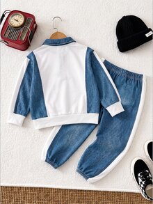 2pcs/Set Boys Casual Polo Sweatshirt And Long Pants Set, Denim Effect Digital Print With Letter Graphic On Chest, Fashionable Casual For Daily, School, Sports Occasions, Autumn/Winter, Ribbed Cuffs For Convenience And Practicality - Blue - View 2