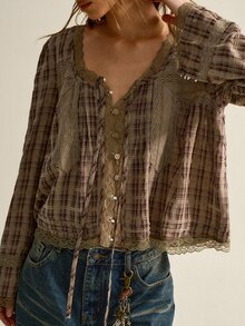 SHEIN Women's Plaid Lace Patchwork Button Tie Front Blouse - Coffee Brown - View 6