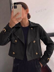 SHEIN 青少年女孩秋季拿破崙貓眼街頭風可愛雙排扣短款風衣，適合度假、日常、上班與哺乳，橄欖綠 - 黑色 - 查看 2