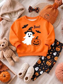 Oo Cute To Spook 幼女萬聖節服裝，可愛幽靈娃娃萬聖節南瓜圖案內搭褲套裝 (2件組)，秋季服飾系列 - 彩色 - 查看 3
