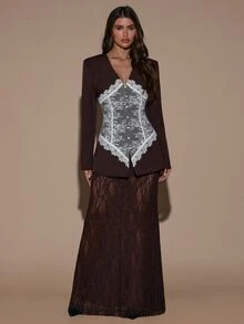 SHEIN BAE 女款蕾絲拼接長袖夾克與裙裝時尚套裝 - 棕色 - 查看 5