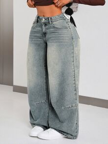 Plus Size Women's Casual Daily Outing Denim Jeans With Pockets And Buttons - Blue - View 1