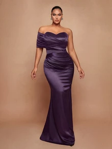 Vowa Plus Size Elegant Romantic Luxury Brown One-Shoulder Cloud Print Ruched Waist Fitted Bodycon Mermaid Hem With Train Evening Gown For Wedding Party Celebration Formal Event Heavy Embellished - Brown - View 5