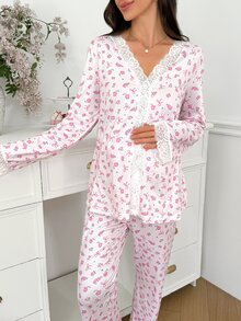 Moonlight&Mama Romantic Floral Bow Print Lace Patchwork Long Sleeve Top And Pants Maternity Pajama Set, Soft And Comfortable - Multicolor - View 7