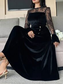 Dazy Plus Contrast Lace Elegant Party Dress Velvet Black Long Spring Autumn Dress - Black - View 7