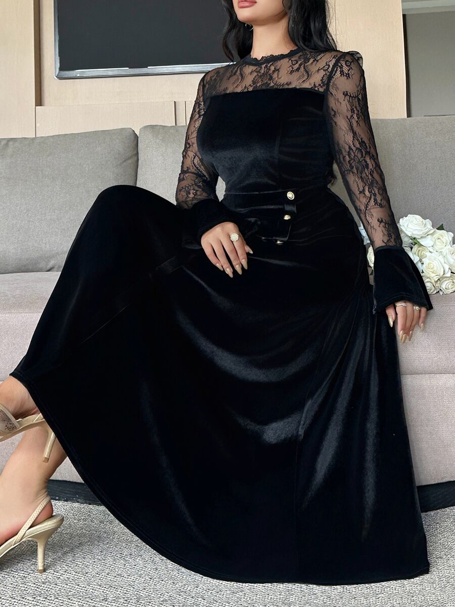 Dazy Plus Contrast Lace Elegant Party Dress Velvet Black Long Spring Autumn Dress - Black - View 1