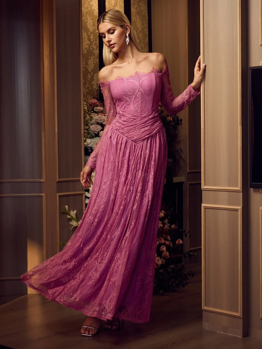 MOTF PREMIUM ELEGANT OFF SHOULDER LONG SLEEVE LACE MAXI GOWN FOR FORMAL EVENING PARTY, WEDDINGS, GALAS - Red Violet - View 2