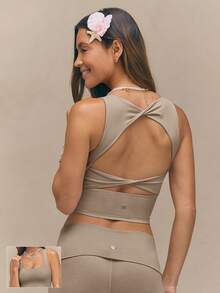 GLOWMODE FeatherFit™ Active Ambition Buttery-Soft Square Neck Twisted Open Back Removable Cups Crop Active Tank Top Low Impact Yoga Pilates Studio Daily Wear - Khaki - View 1