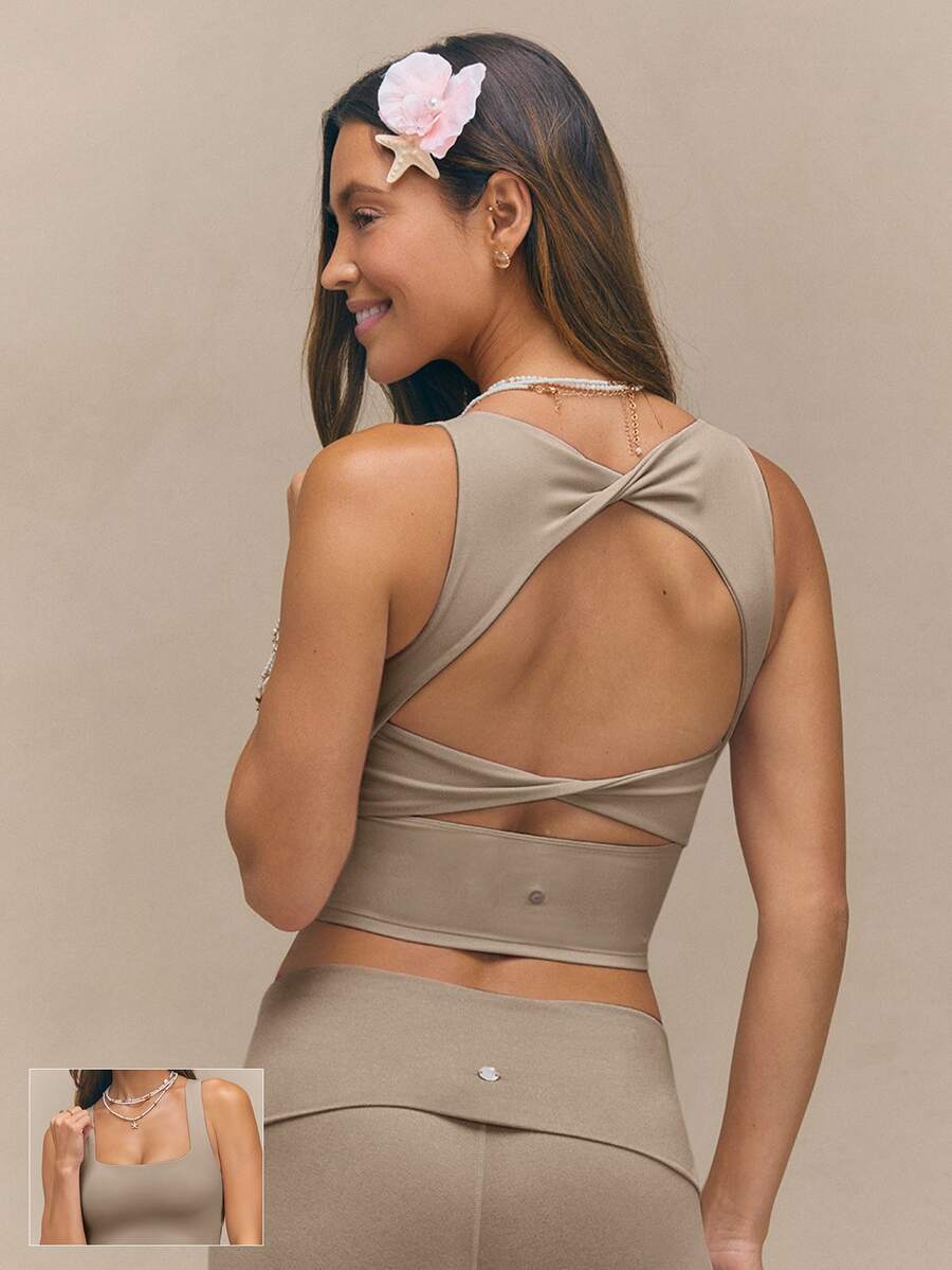 GLOWMODE FeatherFit™ Active Ambition Buttery-Soft Square Neck Twisted Open Back Removable Cups Crop Active Tank Top Low Impact Yoga Pilates Studio Daily Wear - Khaki - View 1