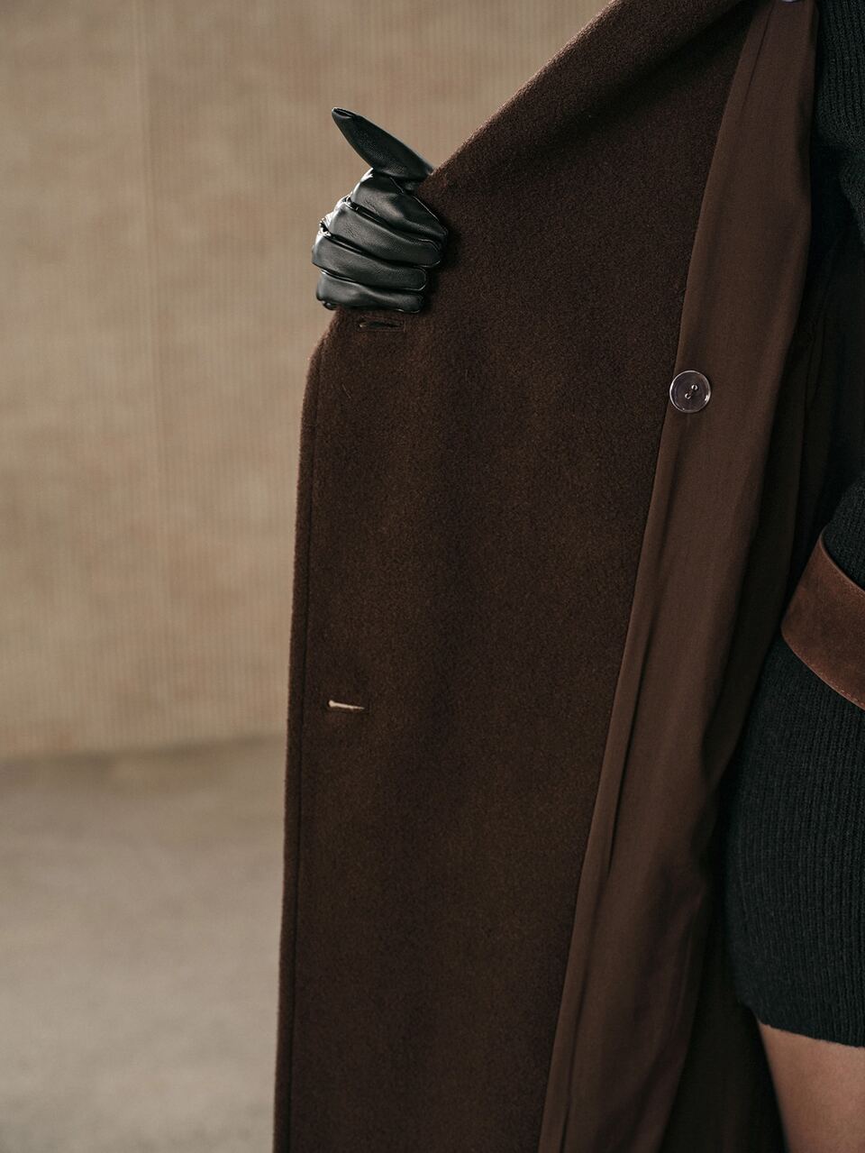 Anewsta Autumn/Winter Elegant Christmas New Year Vintage Solid Color Stand Collar Overlap Loose Mid-Length Wool Coat Office Dinner Dark Brown