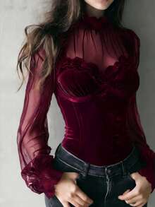 SHEIN LUNE 女款時尚酒紅色天鵝絨束腰上衣，透視袖口配蕾絲飾邊，萬聖節晚餐外出性感哥德風 - 酒紅色 - 查看 3