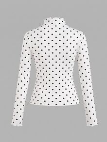 SHEIN EZwear 波點荷葉邊飾 2 件組休閒立領修身純色黑白長袖打底 T 恤，百搭秋冬上衣，適合日常通勤、約會、聚會、秋冬/夏季、聖誕節、新年、感恩節、派對、婚禮、海灘、畢業典禮，時尚優雅休閒外出約會穿搭 - 彩色 - 查看 4