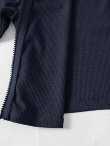 SHEIN 兒童青少年女孩運動休閒日常針織素色開襟外套與喇叭長褲套裝 秋冬穿搭 - 藍色 - 查看 6