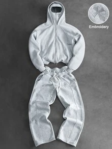 PAVTROS 男士街頭風熱銷十字刺繡圖案男友丈夫禮物週年紀念禮物連帽衛衣套裝 - 淺灰色 - 查看 1