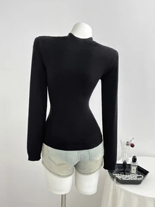 Elamini Women's Metal Decor Long Sleeve Fitted Elegant Sweater - Black - View 2