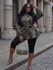 Slaydiva Spring/Autumn New Casual Streetwear Jacket For Women, Plus Size, Camouflage Pattern, Long Sleeve, Waist Splicing Ruffle A-Line Hem With Belt, Suitable For Daily Wear, Music Festival, Street, School, Back To School, Holiday, Modern Occasions - A - Army Green - View 8