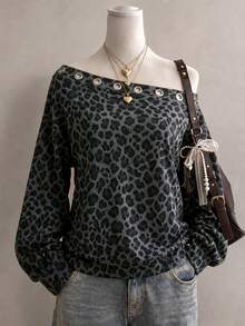 Lalippa New American Casual Leopard Print Off-Shoulder Long Sleeve Asymmetrical Sweatshirt For Women - Multicolor - View 1