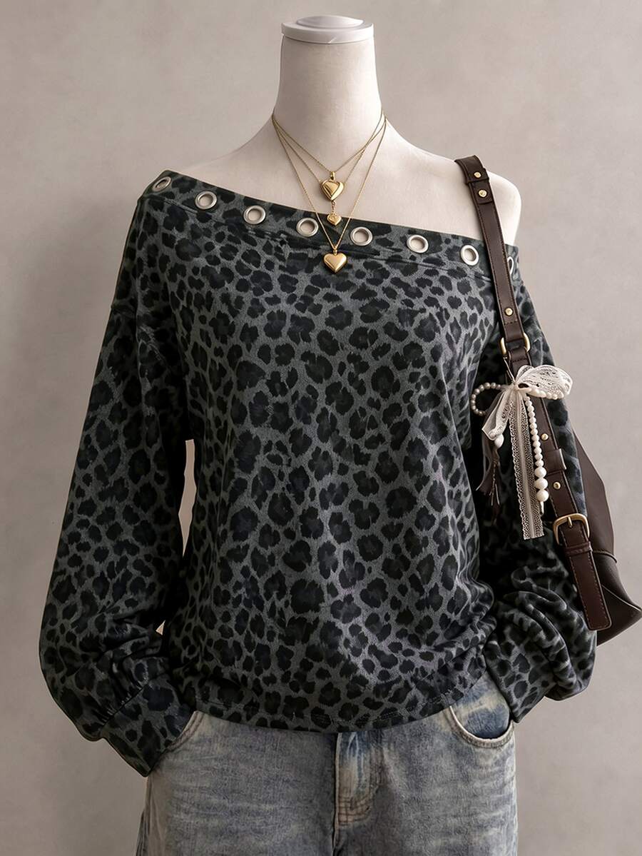 Lalippa New American Casual Leopard Print Off-Shoulder Long Sleeve Asymmetrical Sweatshirt For Women - Multicolor - View 1