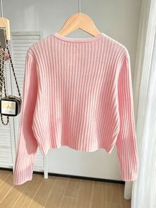 SHEIN 青少年女孩針織蝴蝶結開襟外套，搭配細肩帶背心 - 粉色 - 查看 2