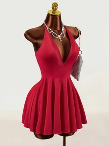 Mistrie Women's Halter Neck Deep V-Neck Solid Color Sexy Dress - Red - View 6