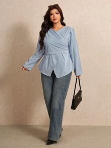 Elaquor Plus Size Autumn Casual Striped Wrap Shirt - Blue and White - View 3