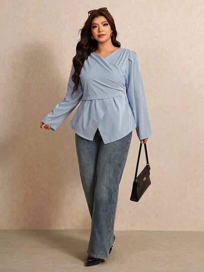 Elaquor Camisa cruzada a rayas casual de otoño talla grande