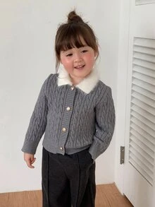 DAZY Baby Girls Contrast Color Lapel Long Sleeve Cardigan - Grey - View 4