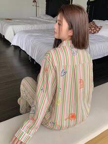 Dazy Plus 時尚可愛卡通印花全身花卉條紋寬鬆版型 2 件式女款大尺碼居家服套裝 春秋睡衣 - 綠色 - 查看 6