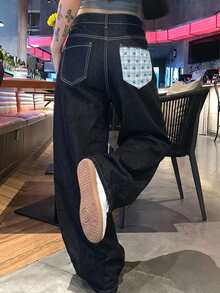 DAZY Women's Fall Original Color Washed Plaid Patchwork Bow Pocket Contrast Stitch High Waist Loose Wide Leg Retro Streetwear Y2k 90s Going Out - Black - View 1