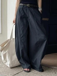 DAZY Solid Color Loose Harem Curved Leg Pants Casual Street Vacation Summer Women Long Pants School - Navy Blue - View 5
