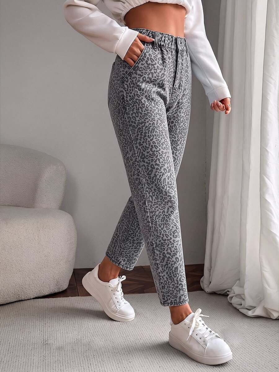 SHEIN 女款夏季紙袋腰直筒牛仔褲 - 灰色 - 查看 1