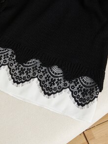 GlowEve CURVE 1pc Women's Plus Size Round Neck Fitted Elegant Long Sleeve Asymmetrical Hem Contrast Lace Knit Cardigan, Suitable For Daily Commute And Date, Spring And Autumn - Black - View 5