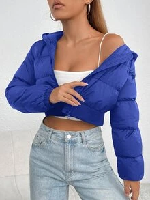 SHEIN PETITE 女款舒適冬季長袖短版連帽外套 - 藍色 - 查看 6