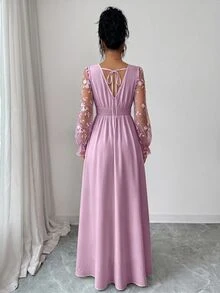 Elenzga 女款優雅春夏深V領蕾絲拼接長袖高開衩洋裝，適合畢業季、度假、情人節、音樂節、母親節、感恩節、復活節、國慶日、舞會、約會派對、婚禮季、外出等場合 - 粉色 - 查看 2