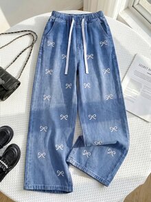 SHEIN 青少年女孩蝴蝶結刺繡圖案藍色牛仔寬鬆長褲 - 藍色 - 查看 5