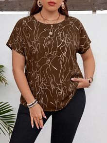 SHEIN LUNE Artistic Line Drawing Round Neck Pullover Plus Size Shirt Blouse - Brown - View 5